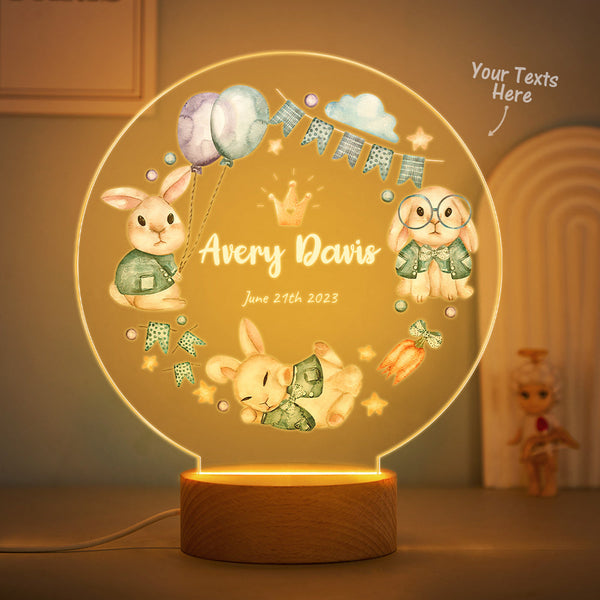 The Best Birthday Gifts For Baby Personalized Cute Crown Rabbit Night Light Custom name Flags And Balloon Table Light - photomoonlampau