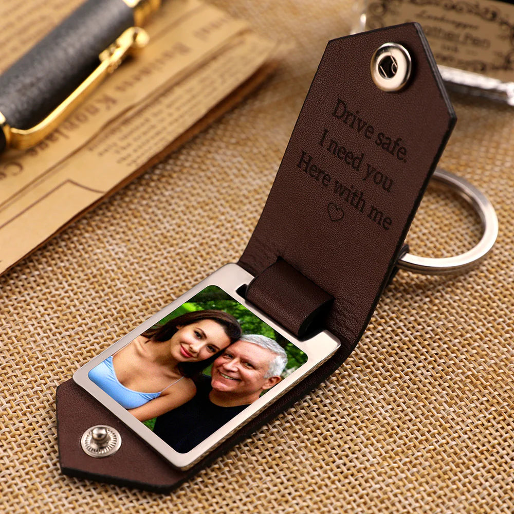 Personalised Photo Keychain with Text Leather Keyring Father's Day Gift