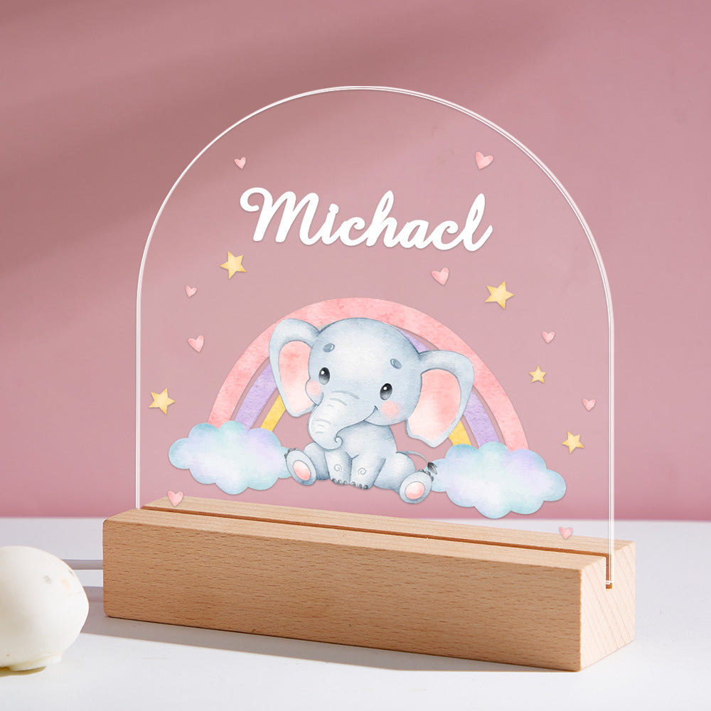 Custom Name Elephant Kids Bedside Lamp Personalised Animal Acrylic LED Night Light Gift Wooden Base Baby Gift