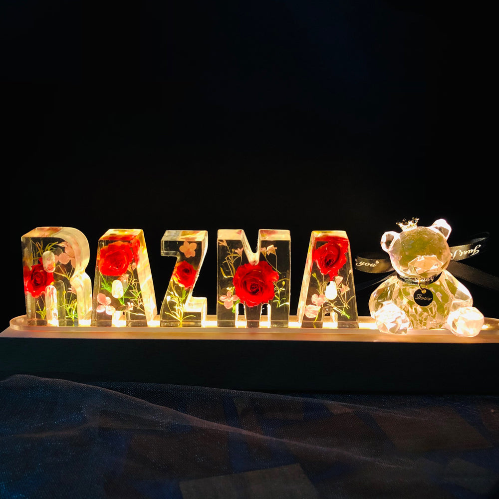 Personalised Dried Flowers Resin Letter White Bear Lamp