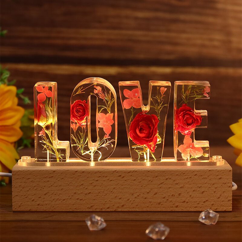 Personalised Dried Pink Flowers Resin Letter Lamp Wedding Gifts