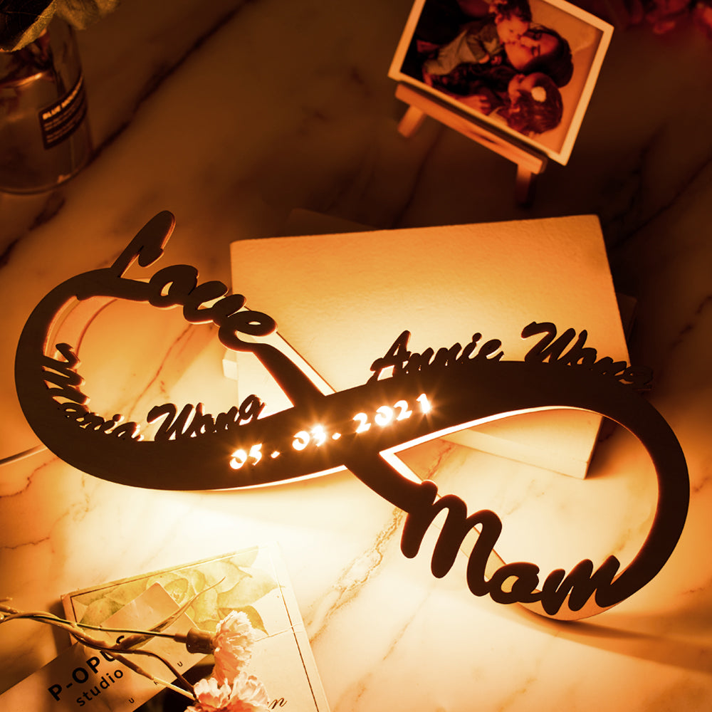 Personalised Name Light Custom Lamp Engraved Wood Nightlight Infinity Love Gift for Her Gift For Mom Gift For Dad