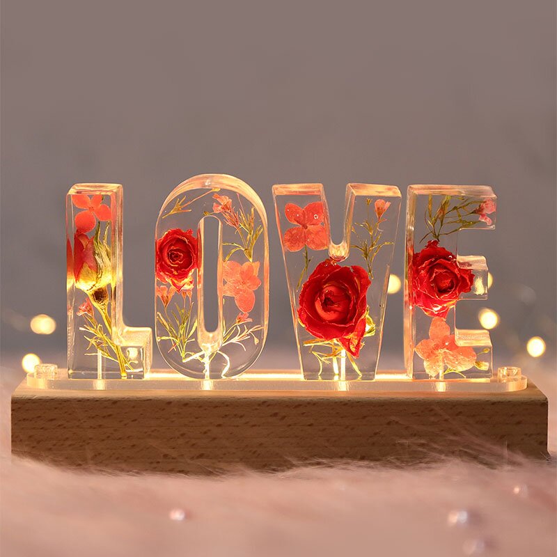 Personalised Dried Pink Flowers Resin Letter Lamp Wedding Gifts