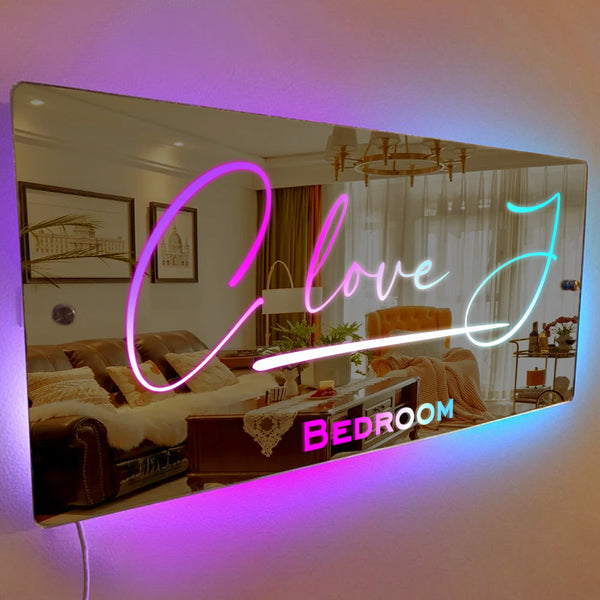 Personalised Name Mirror Sign Custom LED illuminated Light-Up Bedroom Sign Valentine's Gifts - photomoonlampau