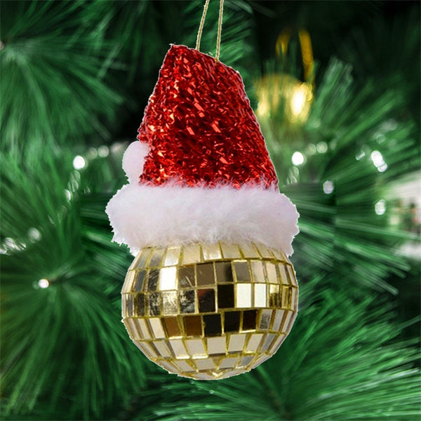 Mosaic Mirror Tiles Mirror Disco Ball Christmas Tree Decoration with Red Santa Hat