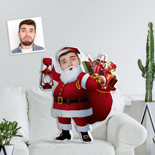 Personalised Face Photo Doll Santa Minime Throw Pillow Custom Santa With A Lot Of Gifts Throw Pillow Holding A Light And Giving A Gift - photomoonlampau