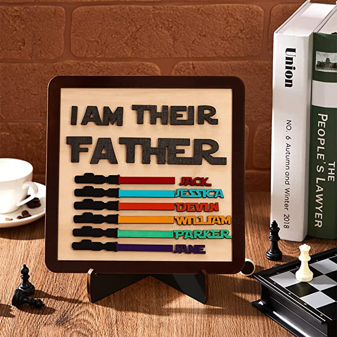 Personalised Father's Day Light Saber Plaque I AM THEIR FATHER Custom Family Wood Signs Engraved with 1-6 Child Names