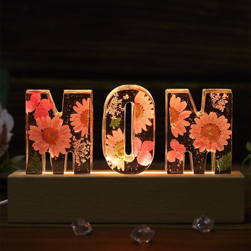 Personalised Dried Flowers Lamp Night Light Anniversary Gift For Mom