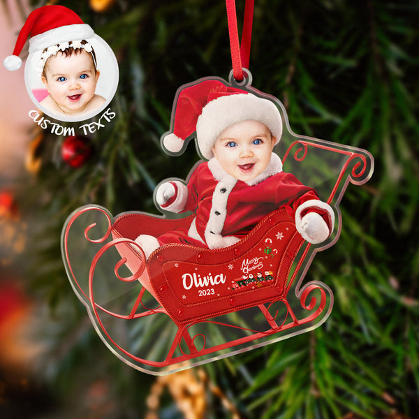 Custom Face Christmas Tree Ornament Baby on Sleigh Christmas Gift - photomoonlampau