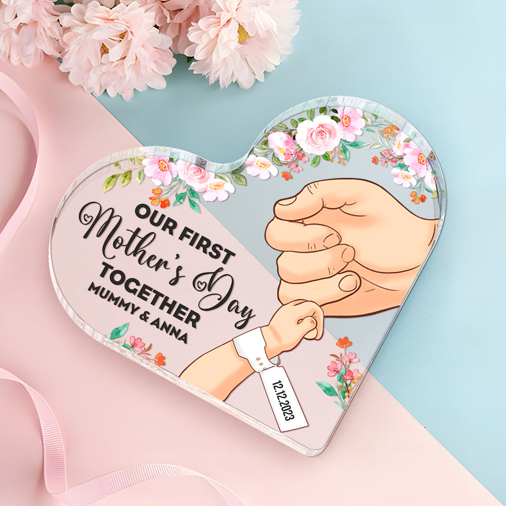 Custom Heart Shaped Acrylic Plaque Keepsake Personalized Name and Date Our First Mother's Day Together