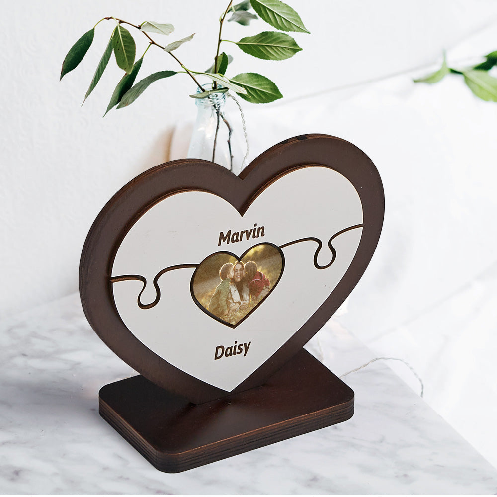 Personalised Name Heart-shaped Wooden Puzzle Decor Custom Photo Wooden Frame