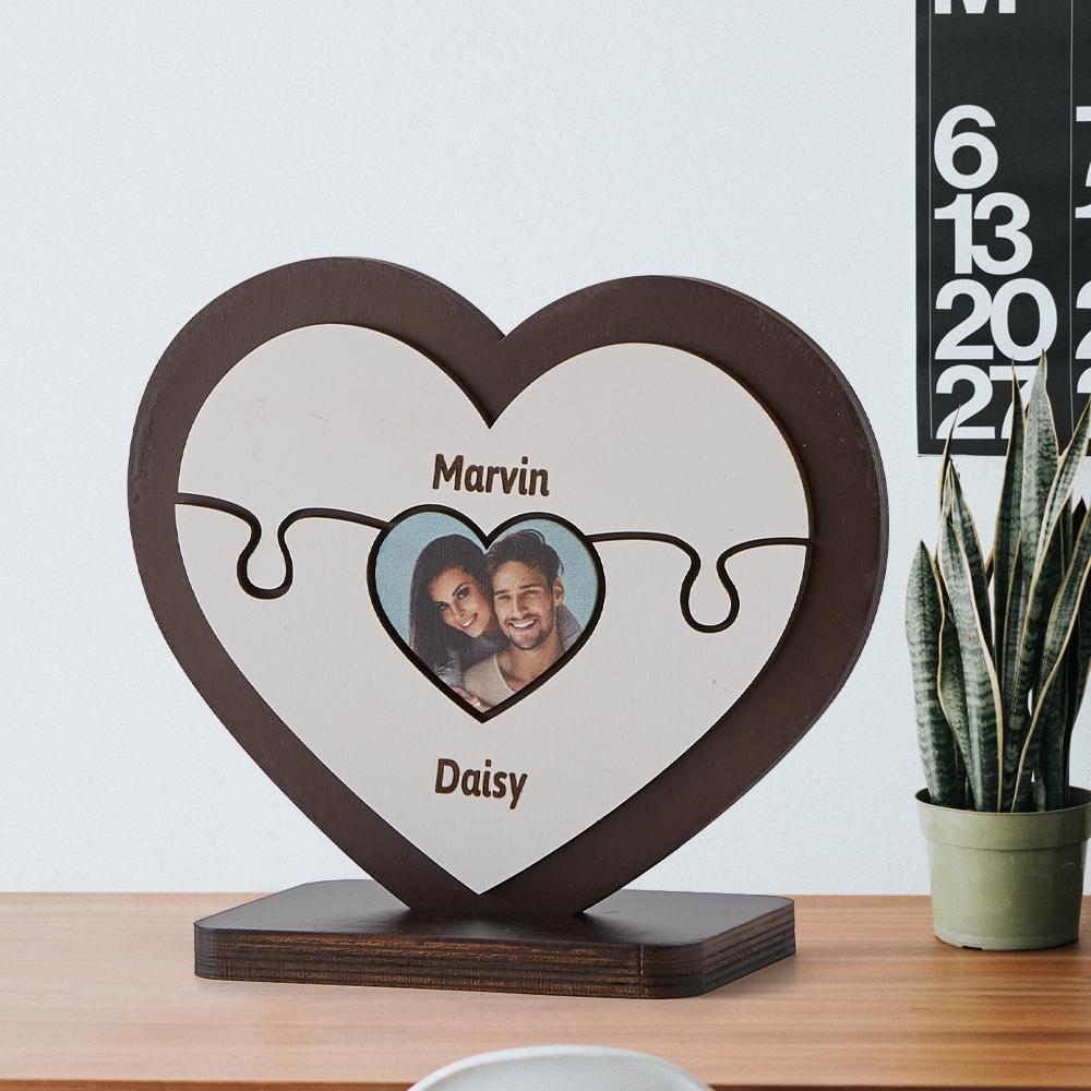 Personalised Name Heart-shaped Wooden Puzzle Decor Custom Photo Wooden Frame