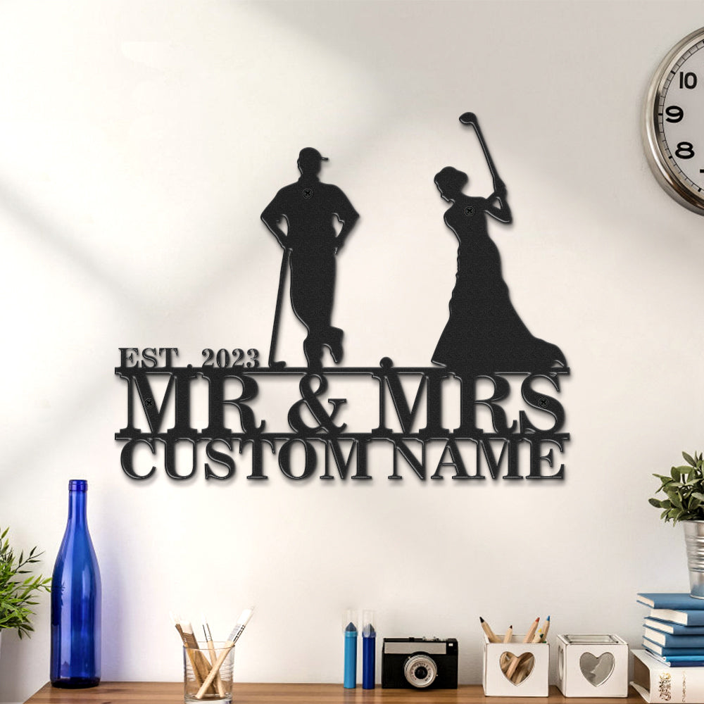 Custom Golfer Couple Metal Wall Art Personalized Couple Name LED Lights Decor Gift for Anniversary