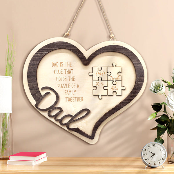 Personalized Wooden Heart Puzzle Sign Father's Day Gift for Dad - photomoonlampau