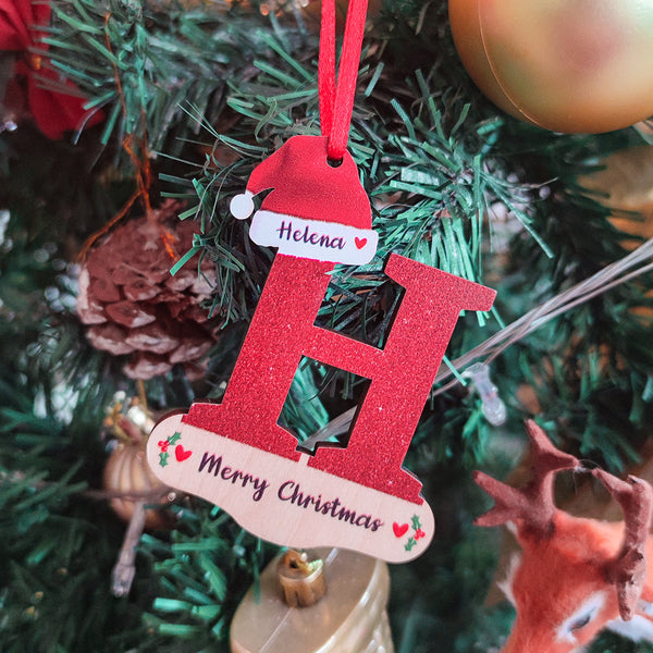 Personalized Christmas Letter Ornament with Red Hat Custom Name Christmas Tree Decoration - photomoonlampau