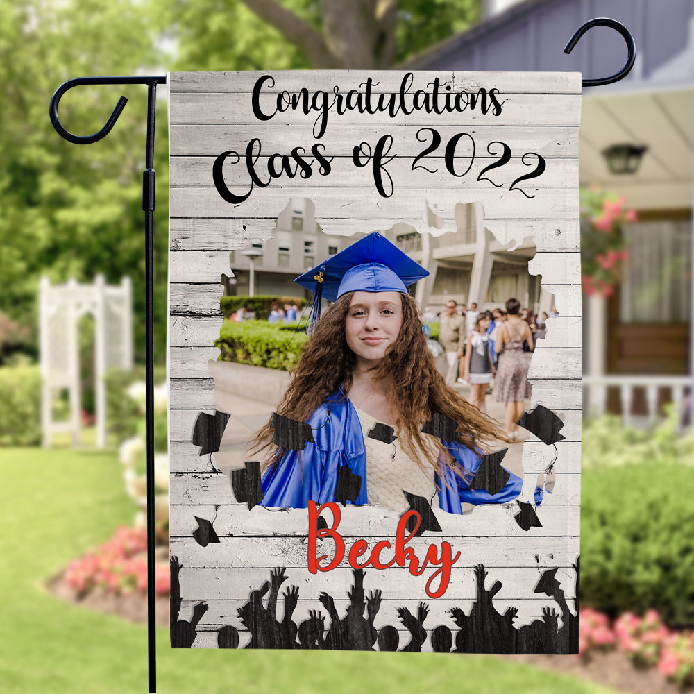 Custom Outdoor Confetti Graduation Photo With Your Name Garden Flag (12.5in x 18in)