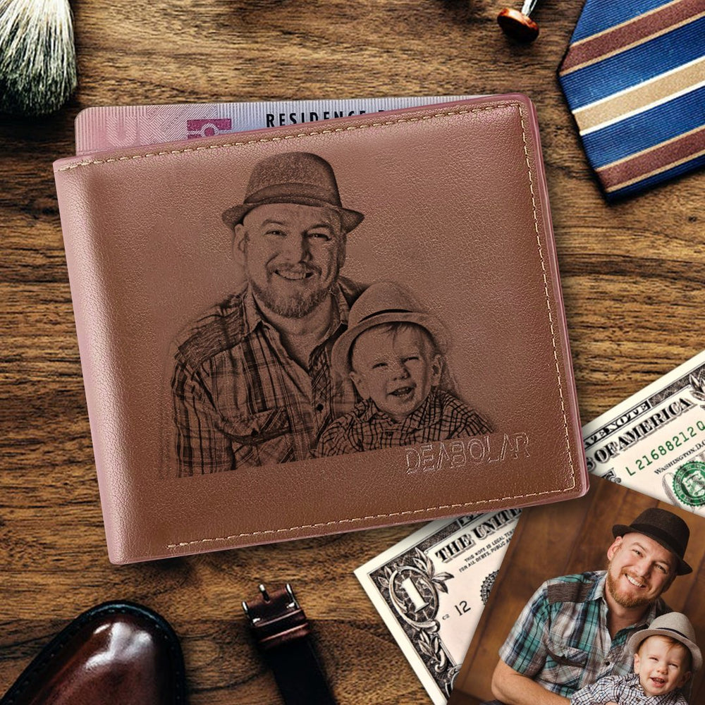 Gift for Dad Custom Brown Trifold Leather Photo Wallet Gifts For Fathers
