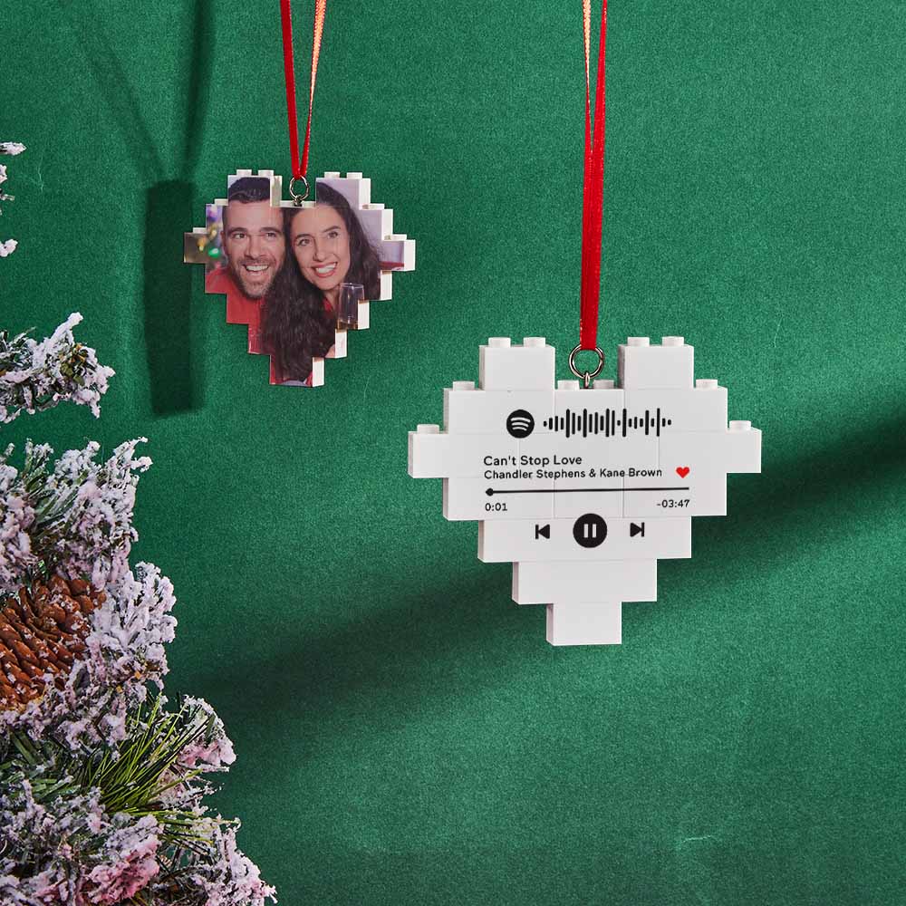 Christmas Ornament personalised Building Brick Custom Music Code Heart Photo Block