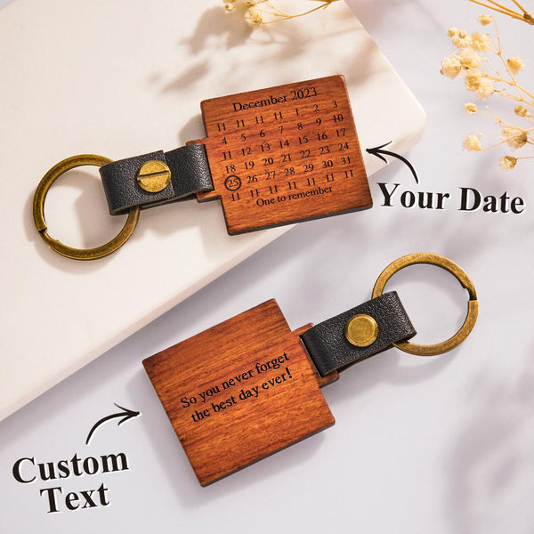 Custom Engraved Calendar Wooden Keychain Personalized Memorial Date Anniversary Gifts - photomoonlampau