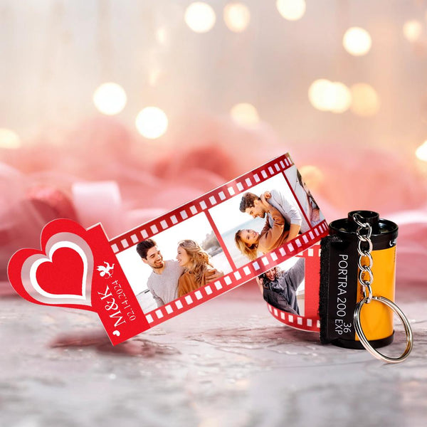 Red Love Heart Photo Film Roll Keychain Personalized Pullable Camera Keychain Valentine's Day Gifts For Couples - photomoonlampau
