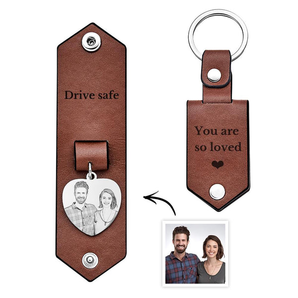 Custom Heart Shaped Photo Leather Keychain With Text Annivesary Gifts For Men - photomoonlampau