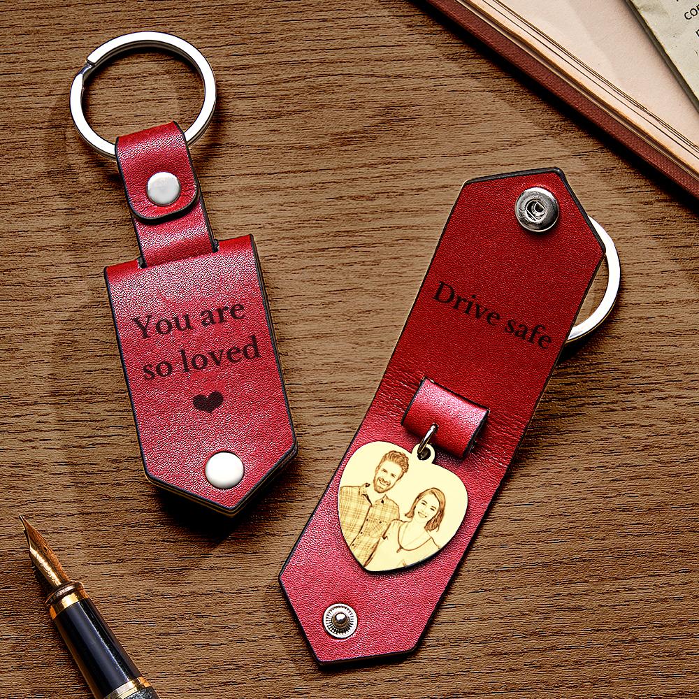 Custom Heart Shaped Photo Leather Keychain With Text Annivesary Gifts For Men