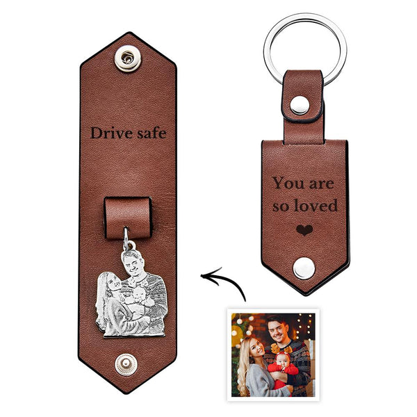 Custom Photo Leather Keychain With Text Annivesary Gifts For Men - photomoonlampau