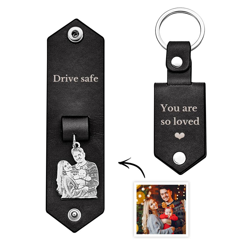 Custom Photo Leather Keychain With Text Annivesary Gifts For Men