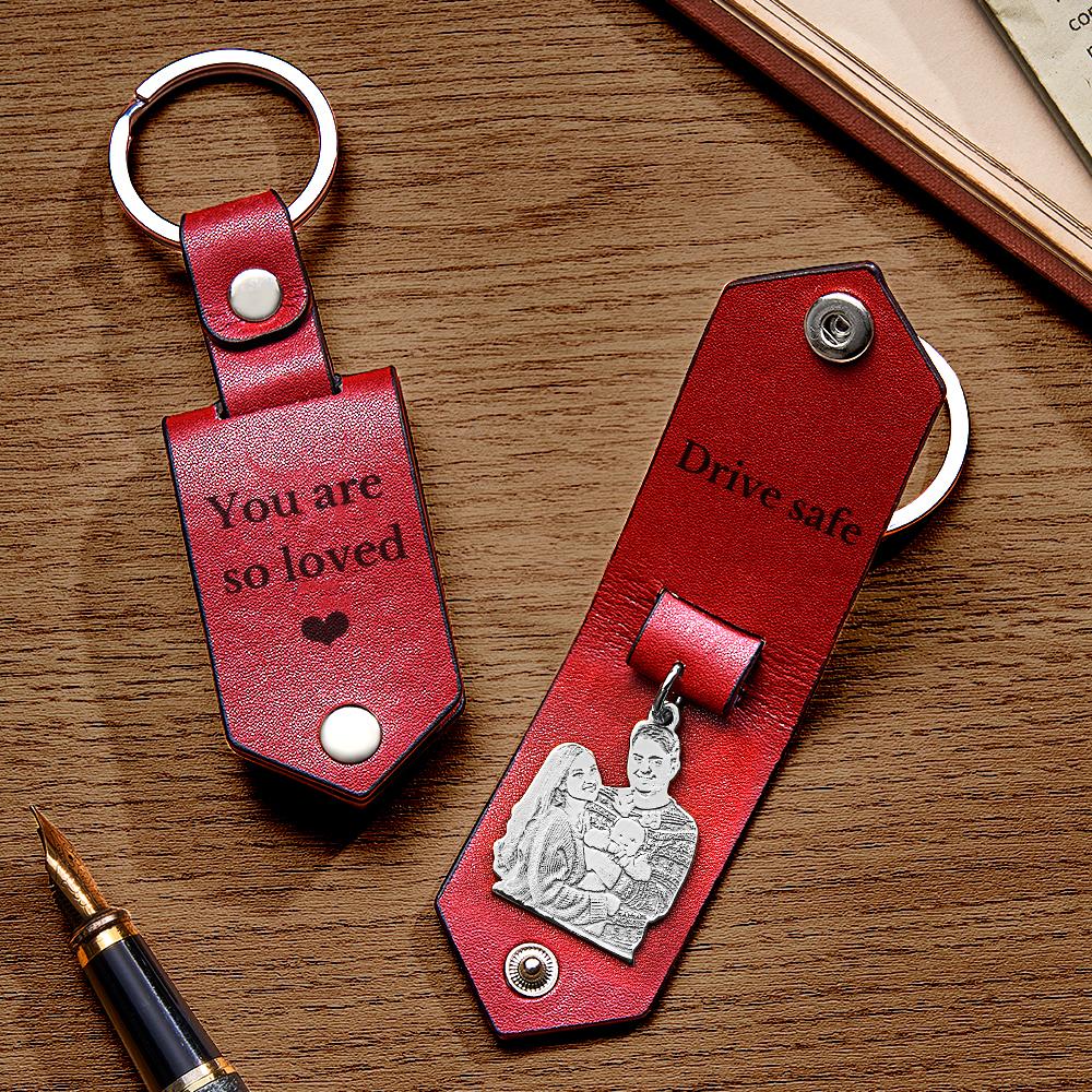 Custom Photo Leather Keychain With Text Annivesary Gifts For Men