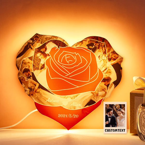 Custom Photo Engraved Night Light Heart Rose Romantic Couple Gifts - photomoonlampau