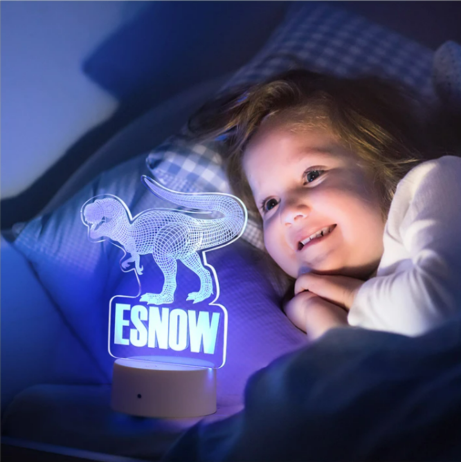 Personalised Nursery Decor Dinosaur Night Lamp Custom Name for Kids - 7 Colors Optical 3D Dinosaur Light
