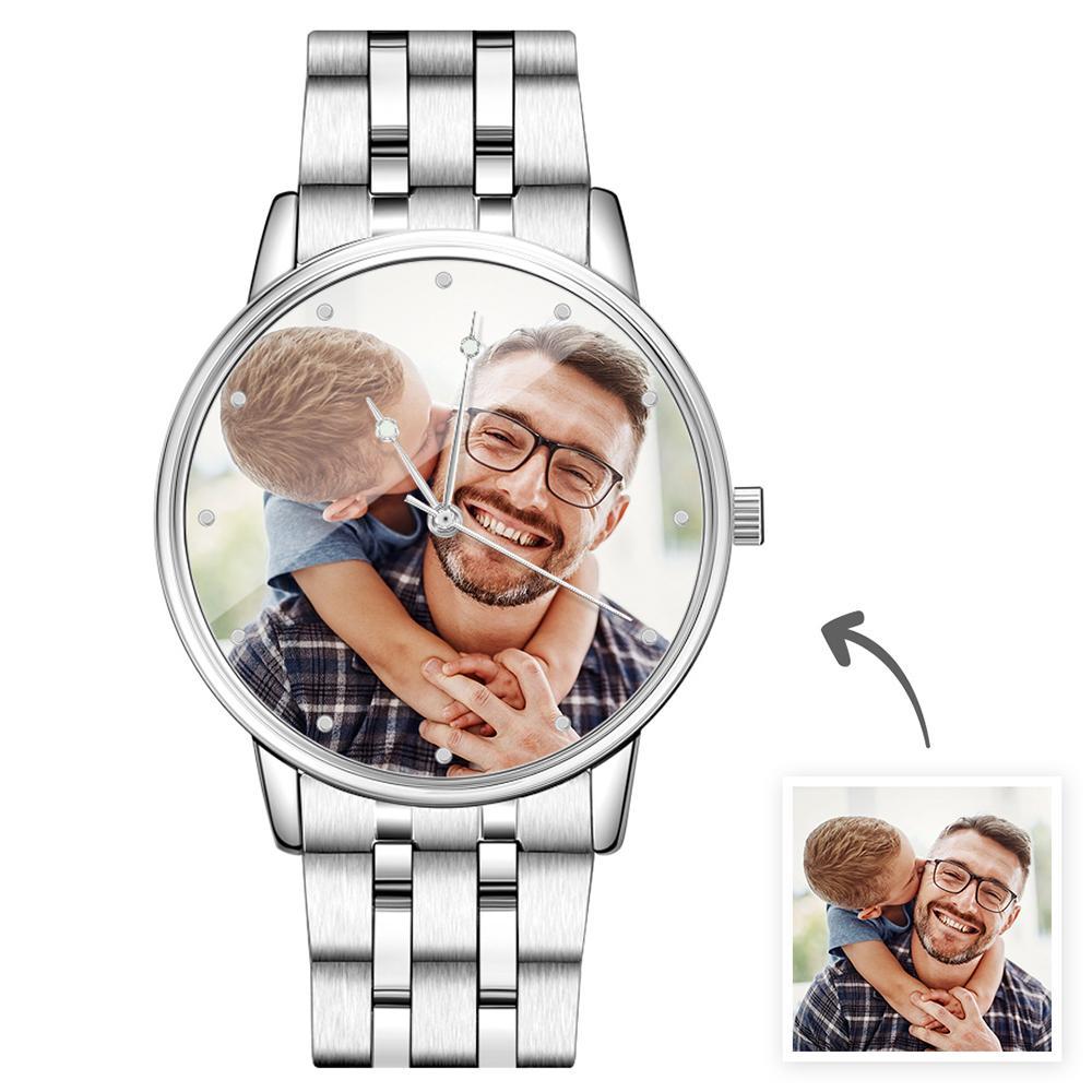Gift for Dad Custom Engraved Photo Watch Men's Silver Alloy Bracelet for Father