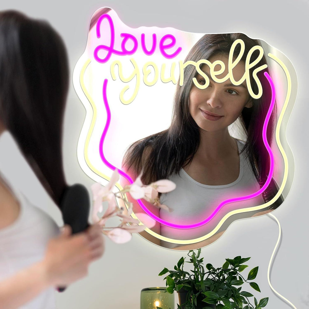 Love Yourself Mirror Light for Wall Wavy Neon Mirror LED Dimmable Light Gift for Her
