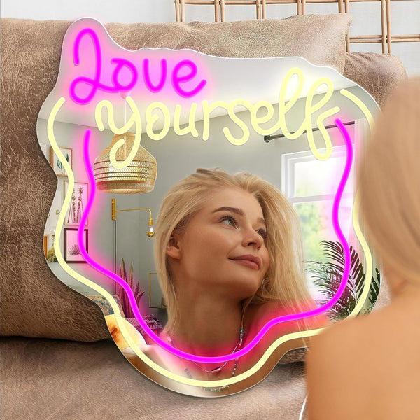 Love Yourself Mirror Light for Wall Wavy Neon Mirror LED Dimmable Light Gift for Her - photomoonlampau