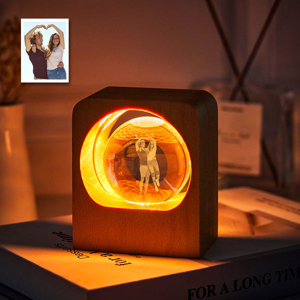 Custom Photo Crystal Ball Night Light Personalised Wooden Lamp Decor Memorial Gift - photomoonlampau