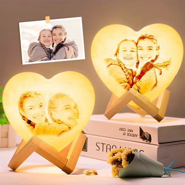 Gift for Friends Personalised 3D Printed Photo Heart Lamp WITH DOUBLE-SIDED PHOTO Night Light - Touch 3 Colors (12-15cm)