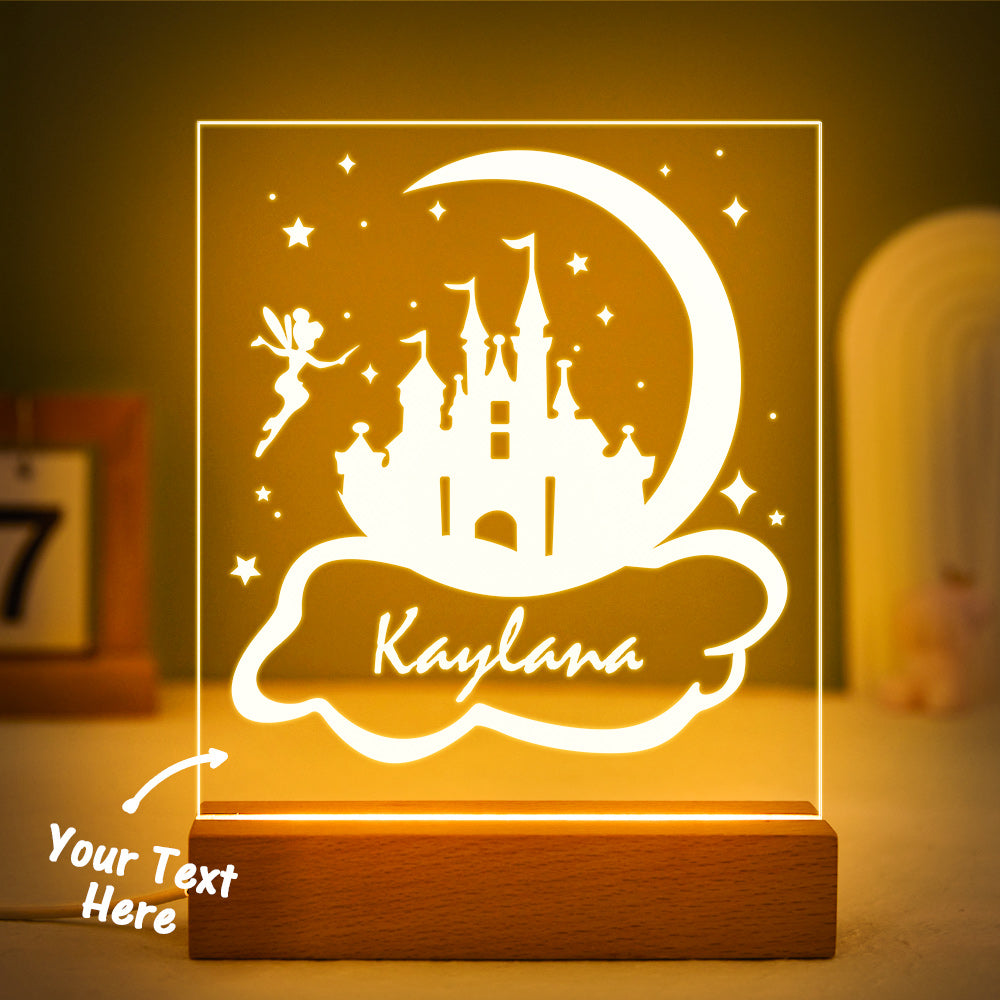 Personalised Princess Fairy Castle LED Night Light with Solid Wood Base  Girl's Lamp for Bedroom