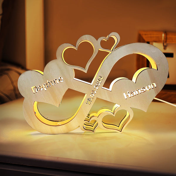 Custom Infinity Heart Lamp Personalised Engraved Name Wooden Night Light for Lover - photomoonlampau