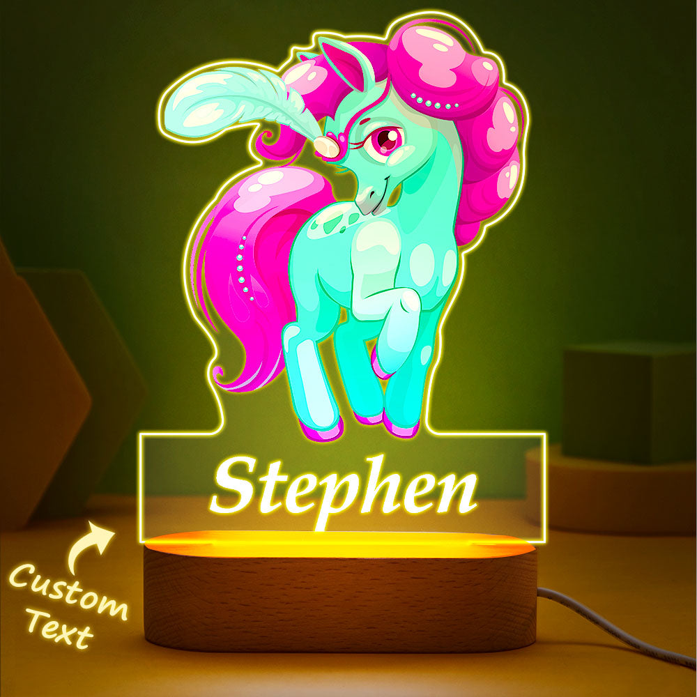 Custom Name Green Unicorn with Pink Hair LED Light for Girl Bedroom