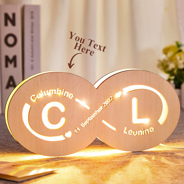 Custom Name and Date Infinity Love Sign Night Light with Initials Wooden Lamp for Lovers - photomoonlampau