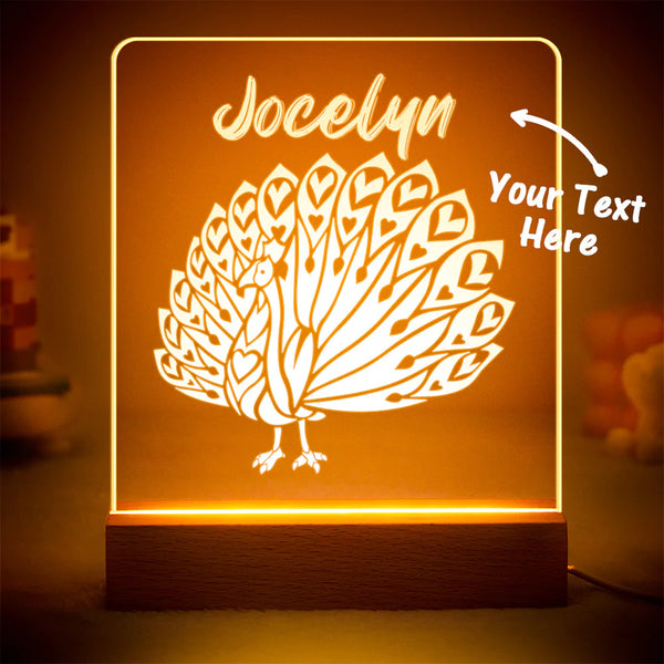 Custom Engraved Peacock Night Light LED Acrylic Night Light Bedroom Decor Gift for Kids - photomoonlampau