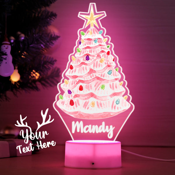 Custom Name Pink Christmas Tree with Multicolored Bulbs Lamp LED Night Light for Couple Gift - photomoonlampau