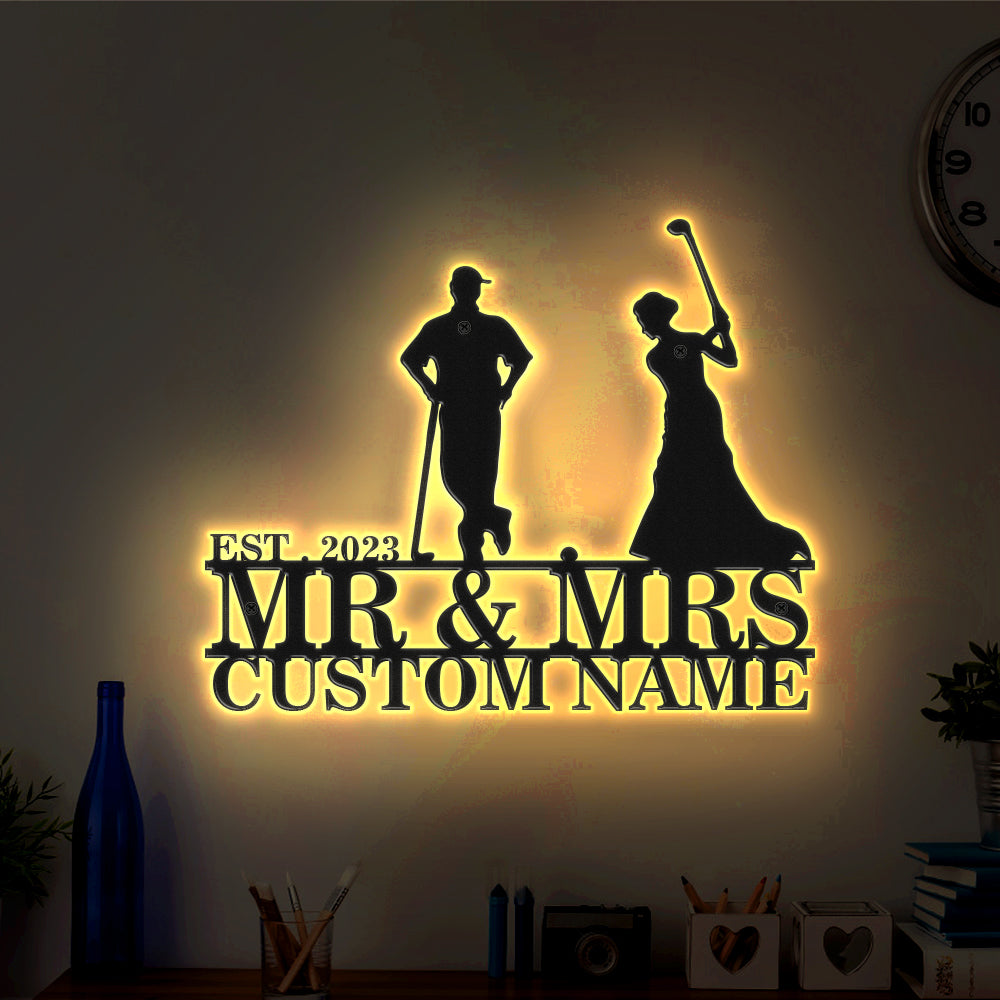 Custom Golfer Couple Metal Wall Art Personalized Couple Name LED Lights Decor Gift for Anniversary