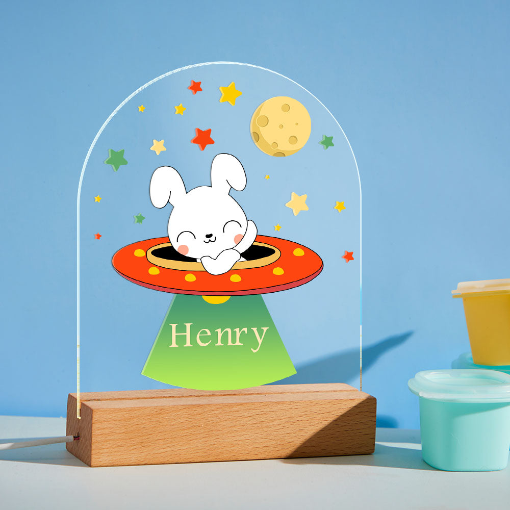 Personalized Nursery Room Lamp Kid Night Light Rabbit and UFO Custom Name Gift for Kids