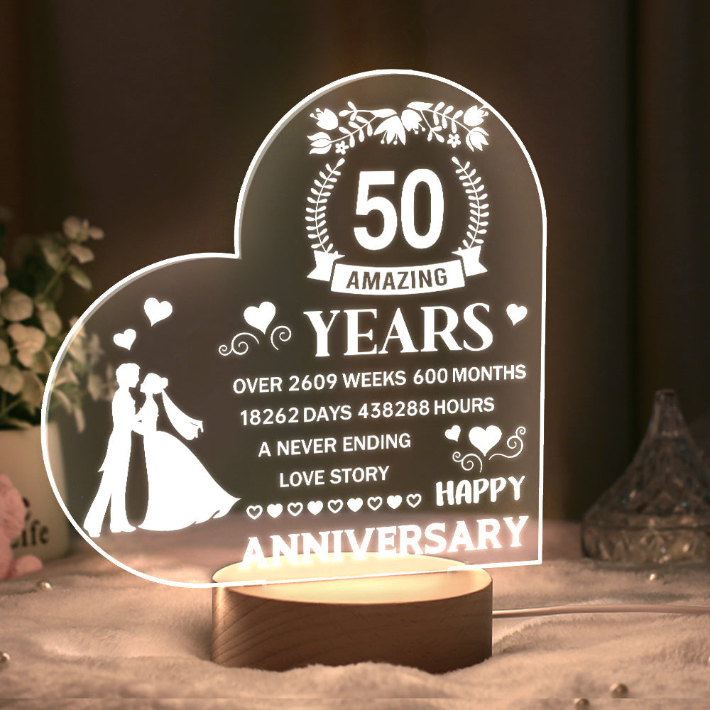 Personalised Night Light Heart Shaped Acrylic Lamp Anniversary Wedding Gifts for Him or Her