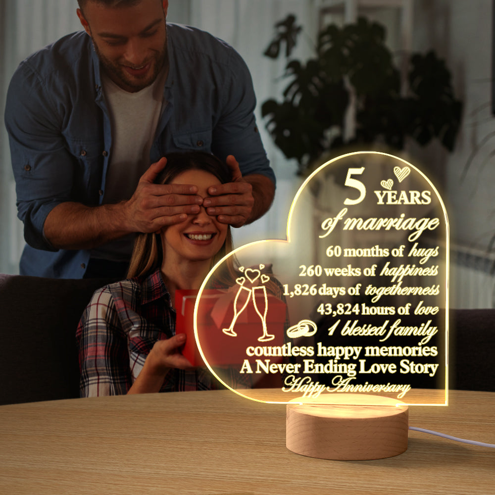 Personalised Anniversary Wedding Night Light Heart Shaped Acrylic Lamp Gifts for Wife Husband