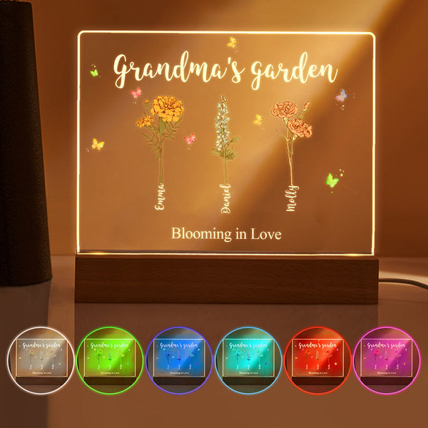 Custom Birth Flowers Night Light Grandma's Garden Acrylic Lamp Gifts for Mom Grandma - photomoonlampau