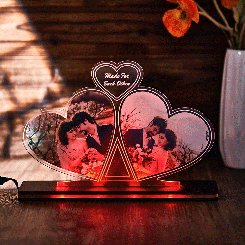 Custom Photo Double Heart Colorful Lamp Personalized Engraved LED Night Light Valentine's Day Gift