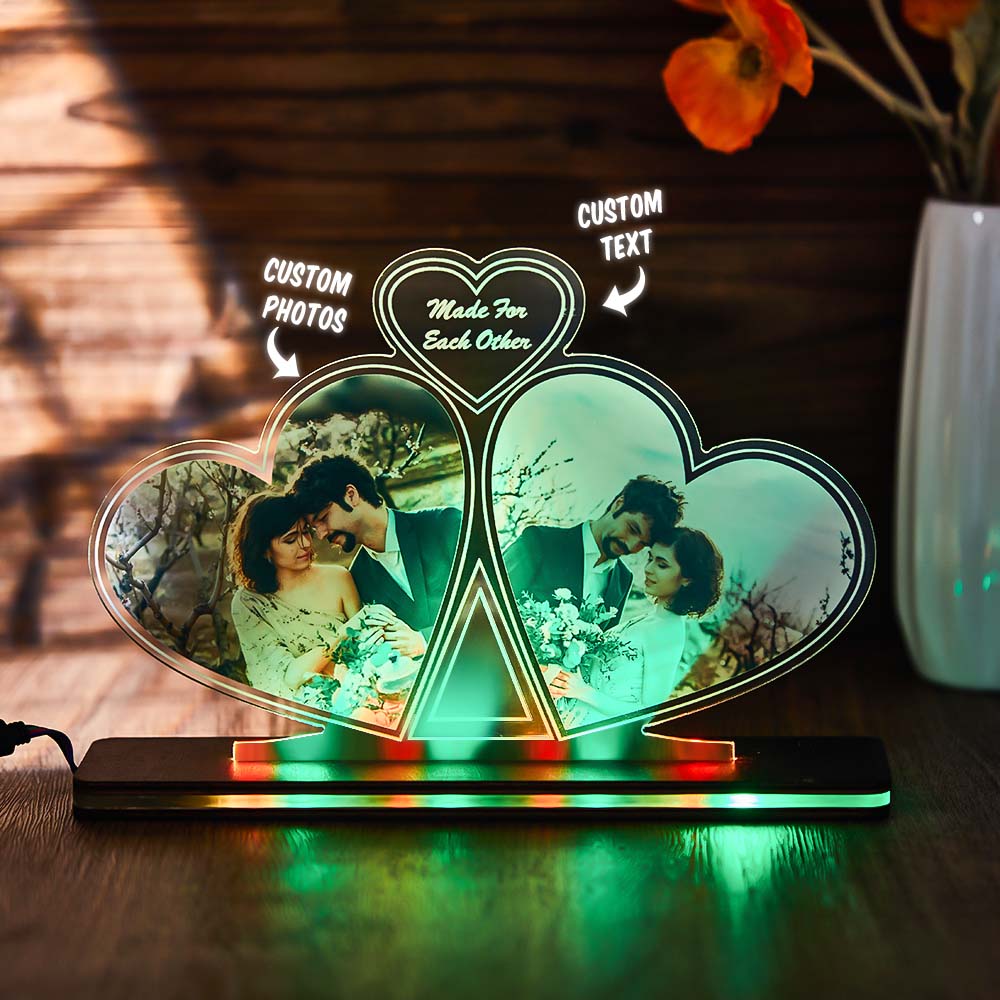 Custom Photo Double Heart Colorful Lamp Personalized Engraved LED Night Light Valentine's Day Gift