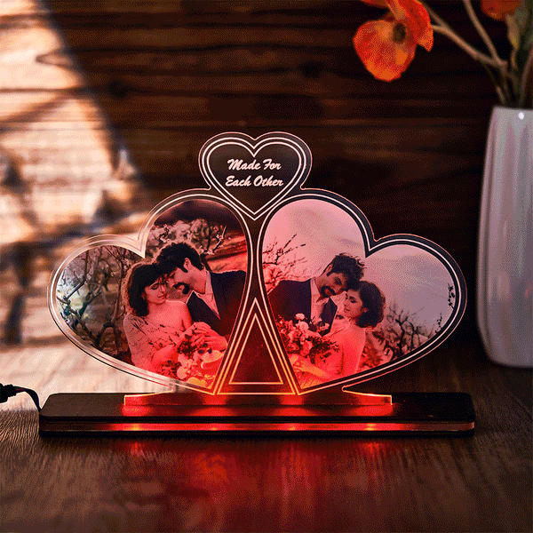 Custom Photo Double Heart Colorful Lamp Personalized Engraved LED Night Light Valentine's Day Gift - photomoonlampau